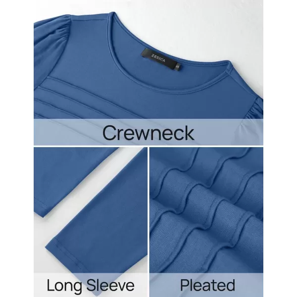 imageZESICA Womens Fashion Long Sleeve Shirts 2024 Dressy Casual Blouses Trendy Pleated Tunic TopsBlue