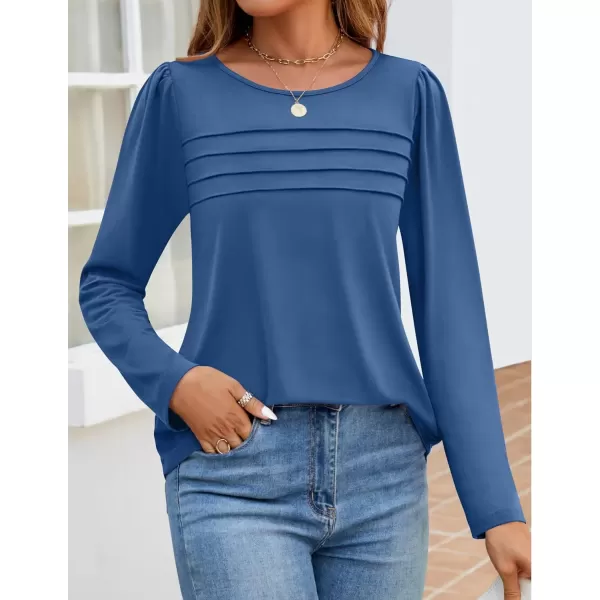 imageZESICA Womens Fashion Long Sleeve Shirts 2024 Dressy Casual Blouses Trendy Pleated Tunic TopsBlue