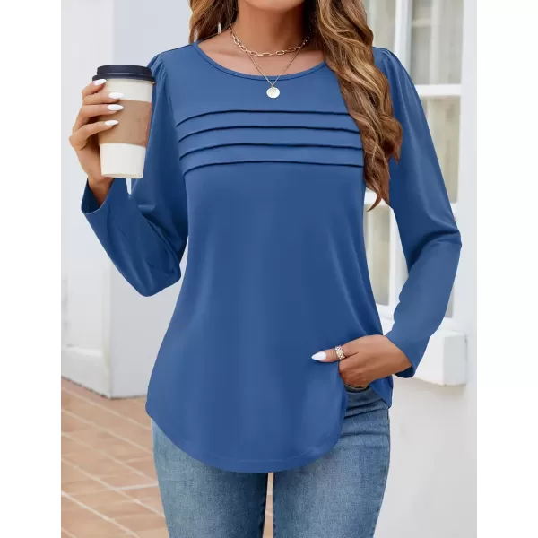 imageZESICA Womens Fashion Long Sleeve Shirts 2024 Dressy Casual Blouses Trendy Pleated Tunic TopsBlue