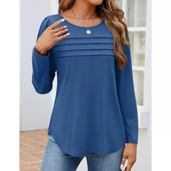 imageZESICA Womens Fashion Long Sleeve Shirts 2024 Dressy Casual Blouses Trendy Pleated Tunic TopsBlue