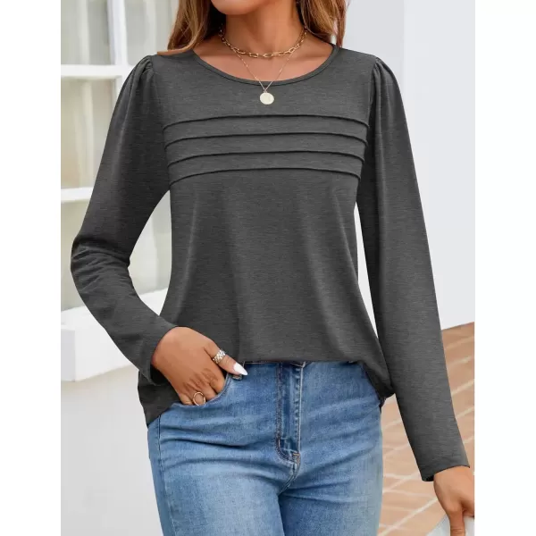 imageZESICA Womens Fashion Long Sleeve Shirts 2024 Dressy Casual Blouses Trendy Pleated Tunic TopsDarkgrey