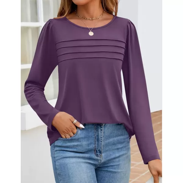 imageZESICA Womens Fashion Long Sleeve Shirts 2024 Dressy Casual Blouses Trendy Pleated Tunic TopsDarkpurple