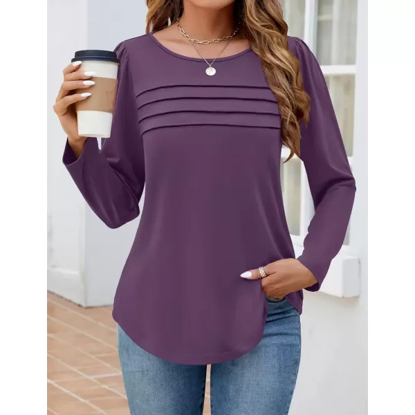 imageZESICA Womens Fashion Long Sleeve Shirts 2024 Dressy Casual Blouses Trendy Pleated Tunic TopsDarkpurple