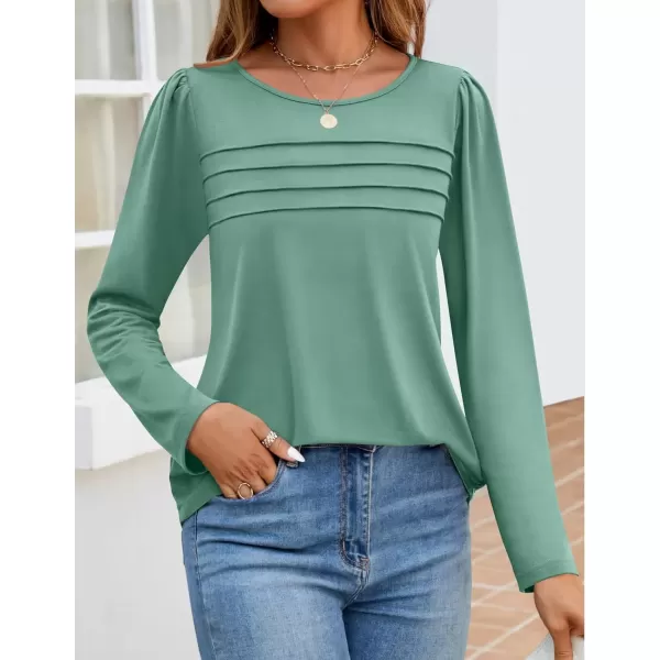 imageZESICA Womens Fashion Long Sleeve Shirts 2024 Dressy Casual Blouses Trendy Pleated Tunic TopsGreen