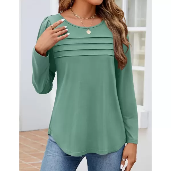 imageZESICA Womens Fashion Long Sleeve Shirts 2024 Dressy Casual Blouses Trendy Pleated Tunic TopsGreen