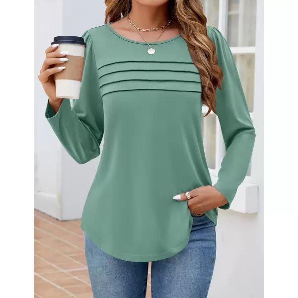 imageZESICA Womens Fashion Long Sleeve Shirts 2024 Dressy Casual Blouses Trendy Pleated Tunic TopsGreen