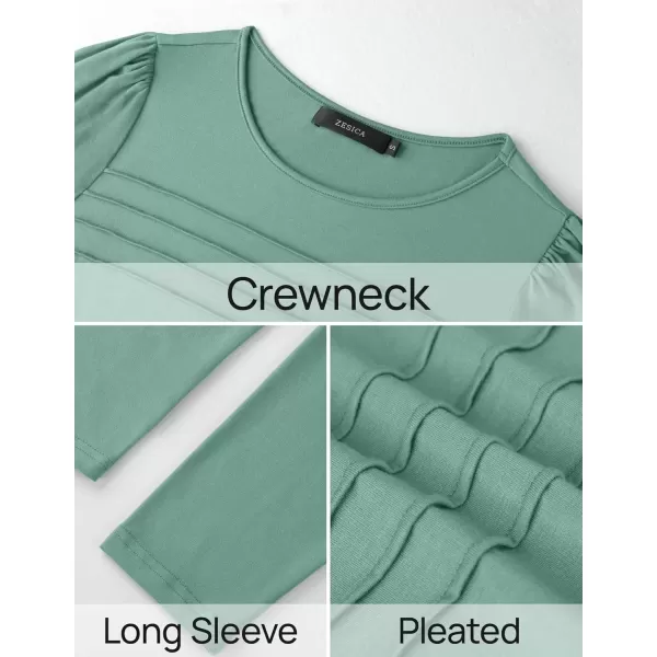 imageZESICA Womens Fashion Long Sleeve Shirts 2024 Dressy Casual Blouses Trendy Pleated Tunic TopsGreen