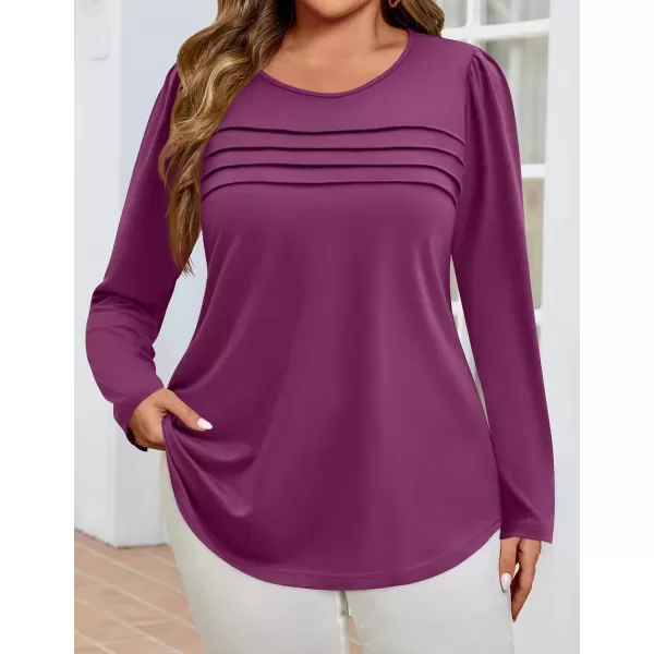 imageZESICA Womens Fashion Long Sleeve Shirts 2024 Dressy Casual Blouses Trendy Pleated Tunic TopsPurple