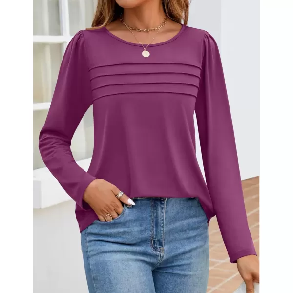 imageZESICA Womens Fashion Long Sleeve Shirts 2024 Dressy Casual Blouses Trendy Pleated Tunic TopsPurple