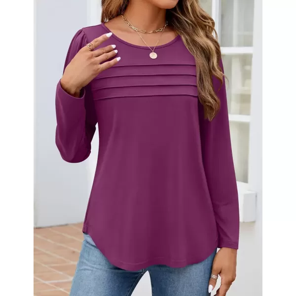 imageZESICA Womens Fashion Long Sleeve Shirts 2024 Dressy Casual Blouses Trendy Pleated Tunic TopsPurple