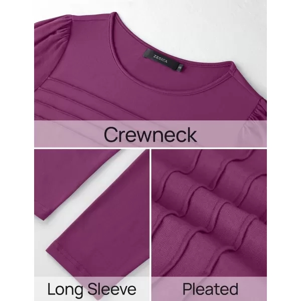 imageZESICA Womens Fashion Long Sleeve Shirts 2024 Dressy Casual Blouses Trendy Pleated Tunic TopsPurple