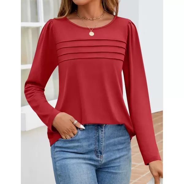 imageZESICA Womens Fashion Long Sleeve Shirts 2024 Dressy Casual Blouses Trendy Pleated Tunic TopsRed