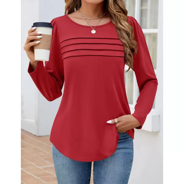 imageZESICA Womens Fashion Long Sleeve Shirts 2024 Dressy Casual Blouses Trendy Pleated Tunic TopsRed