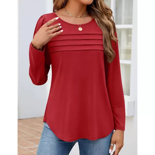 imageZESICA Womens Fashion Long Sleeve Shirts 2024 Dressy Casual Blouses Trendy Pleated Tunic TopsRed