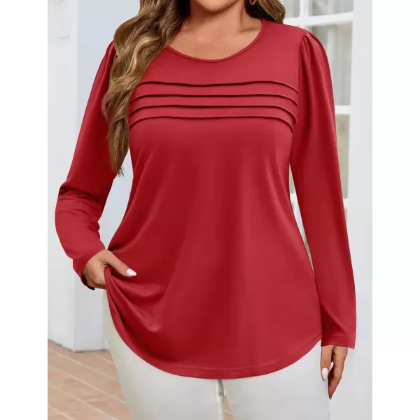 imageZESICA Womens Fashion Long Sleeve Shirts 2024 Dressy Casual Blouses Trendy Pleated Tunic TopsRed