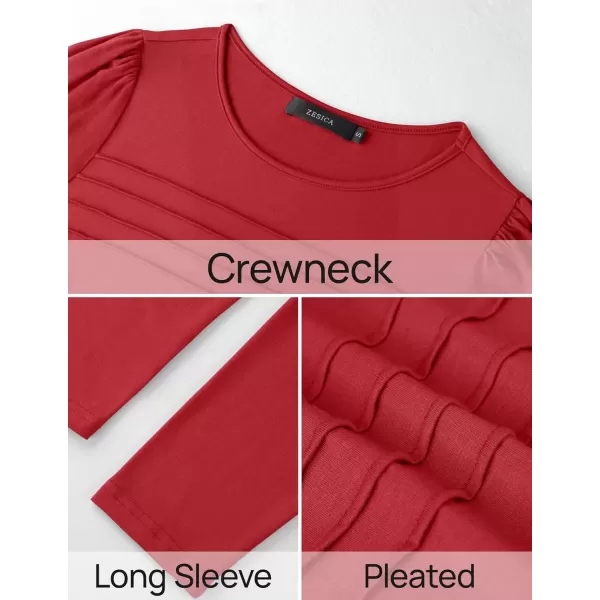 imageZESICA Womens Fashion Long Sleeve Shirts 2024 Dressy Casual Blouses Trendy Pleated Tunic TopsRed