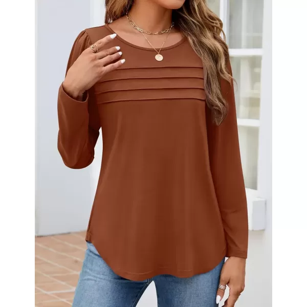 imageZESICA Womens Fashion Long Sleeve Shirts 2024 Dressy Casual Blouses Trendy Pleated Tunic TopsRust