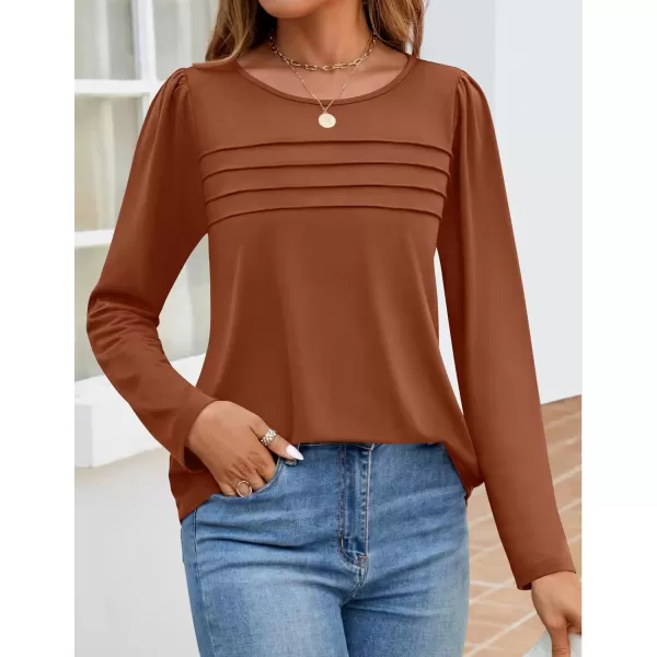imageZESICA Womens Fashion Long Sleeve Shirts 2024 Dressy Casual Blouses Trendy Pleated Tunic TopsRust