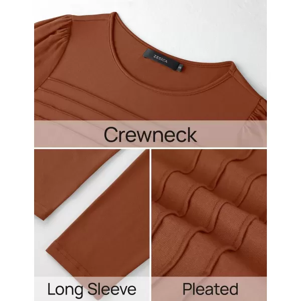 imageZESICA Womens Fashion Long Sleeve Shirts 2024 Dressy Casual Blouses Trendy Pleated Tunic TopsRust