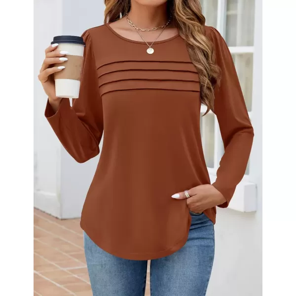 imageZESICA Womens Fashion Long Sleeve Shirts 2024 Dressy Casual Blouses Trendy Pleated Tunic TopsRust