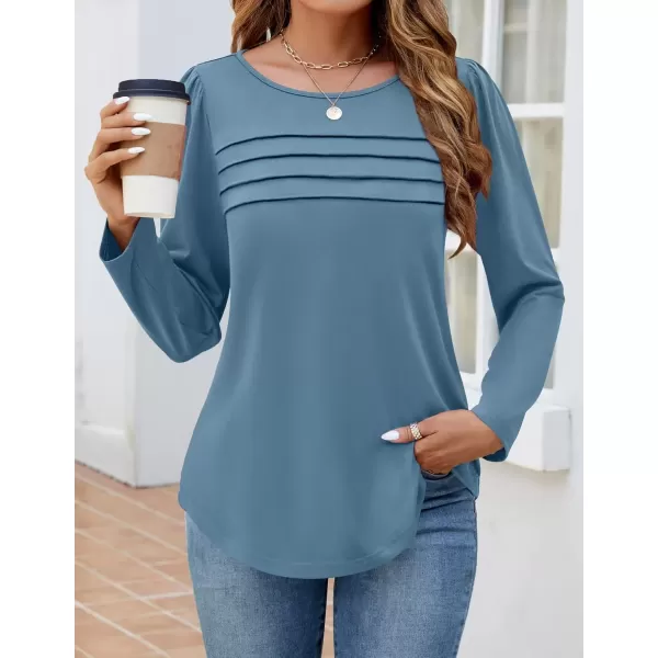 imageZESICA Womens Fashion Long Sleeve Shirts 2024 Dressy Casual Blouses Trendy Pleated Tunic TopsTurquoise