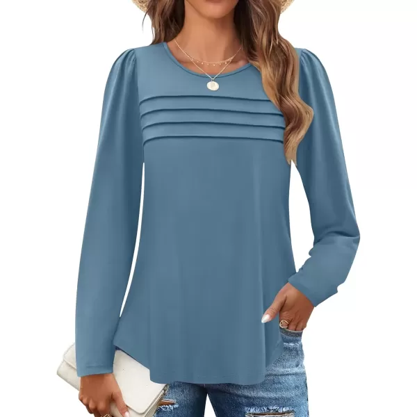 imageZESICA Womens Fashion Long Sleeve Shirts 2024 Dressy Casual Blouses Trendy Pleated Tunic TopsTurquoise