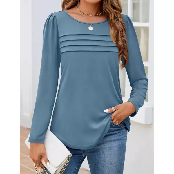 imageZESICA Womens Fashion Long Sleeve Shirts 2024 Dressy Casual Blouses Trendy Pleated Tunic TopsTurquoise