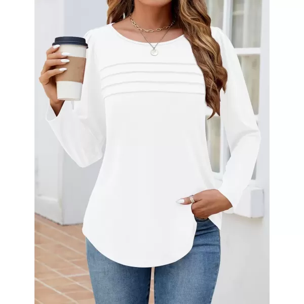 imageZESICA Womens Fashion Long Sleeve Shirts 2024 Dressy Casual Blouses Trendy Pleated Tunic TopsWhite