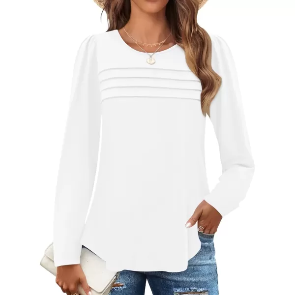 imageZESICA Womens Fashion Long Sleeve Shirts 2024 Dressy Casual Blouses Trendy Pleated Tunic TopsWhite