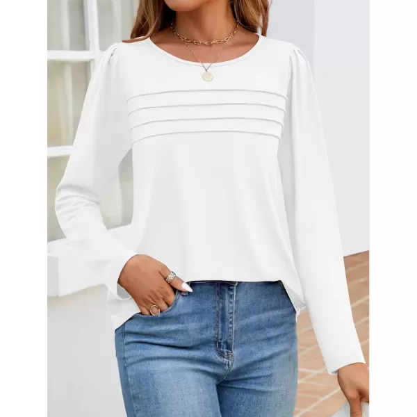 imageZESICA Womens Fashion Long Sleeve Shirts 2024 Dressy Casual Blouses Trendy Pleated Tunic TopsWhite