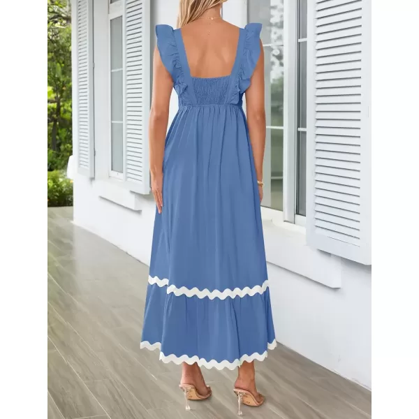 imageZESICA Womens Summer Sleeveless Ruffle Dresses 2024 Square Neck Backless Boho Flowy Maxi Sundress with PocketsBlue