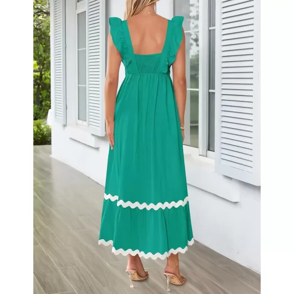 imageZESICA Womens Summer Sleeveless Ruffle Dresses 2024 Square Neck Backless Boho Flowy Maxi Sundress with PocketsGreen