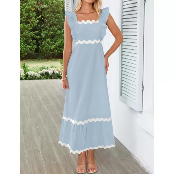imageZESICA Womens Summer Sleeveless Ruffle Dresses 2024 Square Neck Backless Boho Flowy Maxi Sundress with PocketsLight Blue