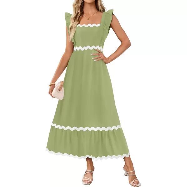 imageZESICA Womens Summer Sleeveless Ruffle Dresses 2024 Square Neck Backless Boho Flowy Maxi Sundress with PocketsLight Green