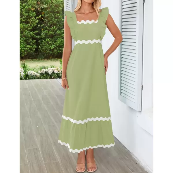 imageZESICA Womens Summer Sleeveless Ruffle Dresses 2024 Square Neck Backless Boho Flowy Maxi Sundress with PocketsLight Green