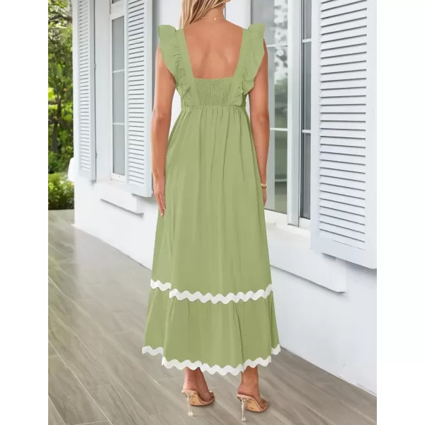 imageZESICA Womens Summer Sleeveless Ruffle Dresses 2024 Square Neck Backless Boho Flowy Maxi Sundress with PocketsLight Green