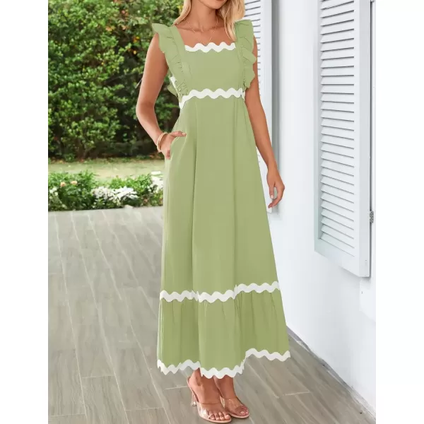 imageZESICA Womens Summer Sleeveless Ruffle Dresses 2024 Square Neck Backless Boho Flowy Maxi Sundress with PocketsLight Green