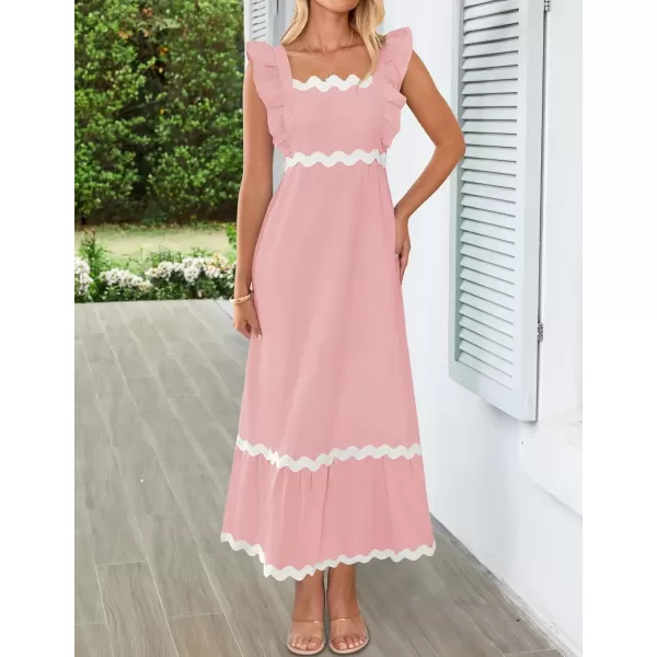 imageZESICA Womens Summer Sleeveless Ruffle Dresses 2024 Square Neck Backless Boho Flowy Maxi Sundress with PocketsLight Pink