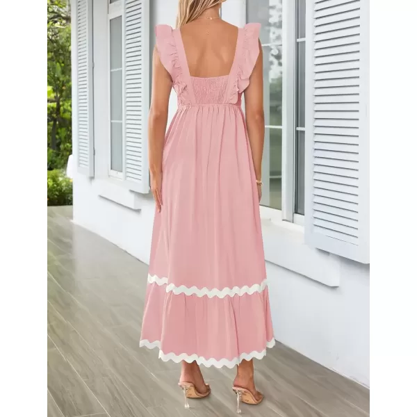 imageZESICA Womens Summer Sleeveless Ruffle Dresses 2024 Square Neck Backless Boho Flowy Maxi Sundress with PocketsLight Pink