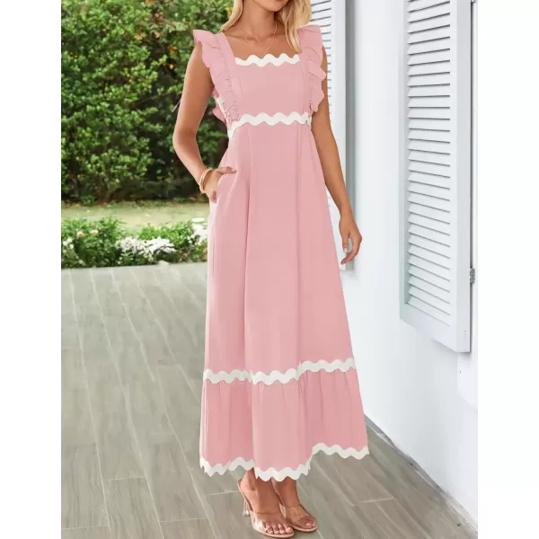 imageZESICA Womens Summer Sleeveless Ruffle Dresses 2024 Square Neck Backless Boho Flowy Maxi Sundress with PocketsLight Pink