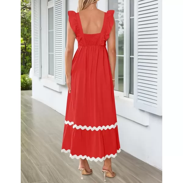 imageZESICA Womens Summer Sleeveless Ruffle Dresses 2024 Square Neck Backless Boho Flowy Maxi Sundress with PocketsRed