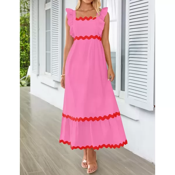 imageZESICA Womens Summer Sleeveless Ruffle Dresses 2024 Square Neck Backless Boho Flowy Maxi Sundress with PocketsRose