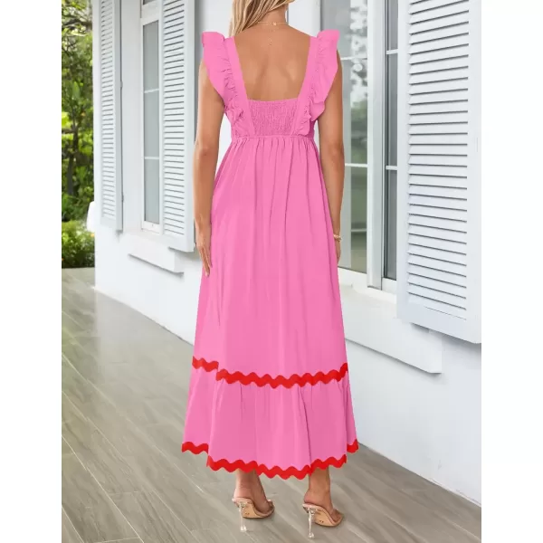 imageZESICA Womens Summer Sleeveless Ruffle Dresses 2024 Square Neck Backless Boho Flowy Maxi Sundress with PocketsRose