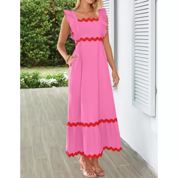 imageZESICA Womens Summer Sleeveless Ruffle Dresses 2024 Square Neck Backless Boho Flowy Maxi Sundress with PocketsRose