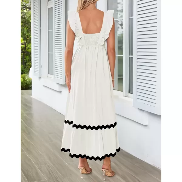 imageZESICA Womens Summer Sleeveless Ruffle Dresses 2024 Square Neck Backless Boho Flowy Maxi Sundress with PocketsWhite
