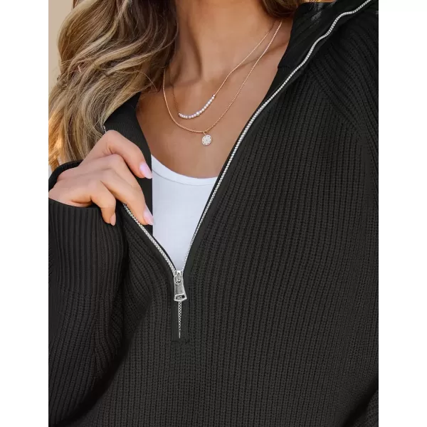 imageZESICA Womens V Neck Sweaters 2024 Fall Long Sleeve Half Zipper Ribbed Knit Casual Oversized Pullover TopsBlack