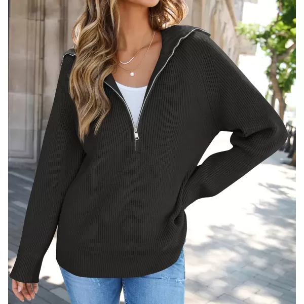 imageZESICA Womens V Neck Sweaters 2024 Fall Long Sleeve Half Zipper Ribbed Knit Casual Oversized Pullover TopsBlack