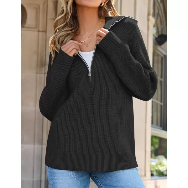 imageZESICA Womens V Neck Sweaters 2024 Fall Long Sleeve Half Zipper Ribbed Knit Casual Oversized Pullover TopsBlack