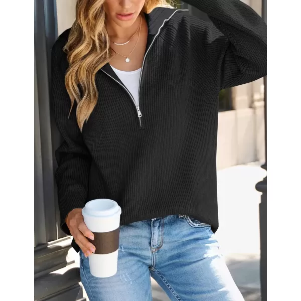 imageZESICA Womens V Neck Sweaters 2024 Fall Long Sleeve Half Zipper Ribbed Knit Casual Oversized Pullover TopsBlack