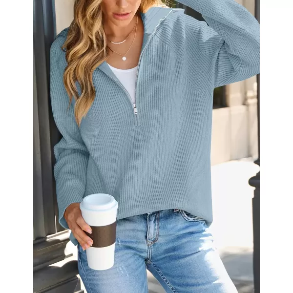 imageZESICA Womens V Neck Sweaters 2024 Fall Long Sleeve Half Zipper Ribbed Knit Casual Oversized Pullover TopsBlue